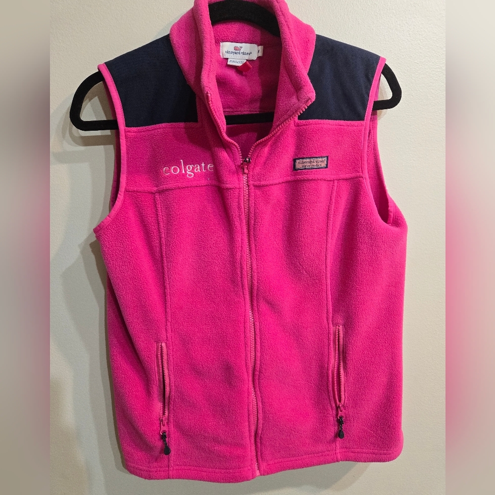 Vineyard Vines Pink and Navy Womens Fleece Vest Sz M Colgate Logo In The Chest